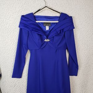 Alex Evenings Dress Womens 4 Royal Blue Formal Glam Brooch Long Sleeve Vintage